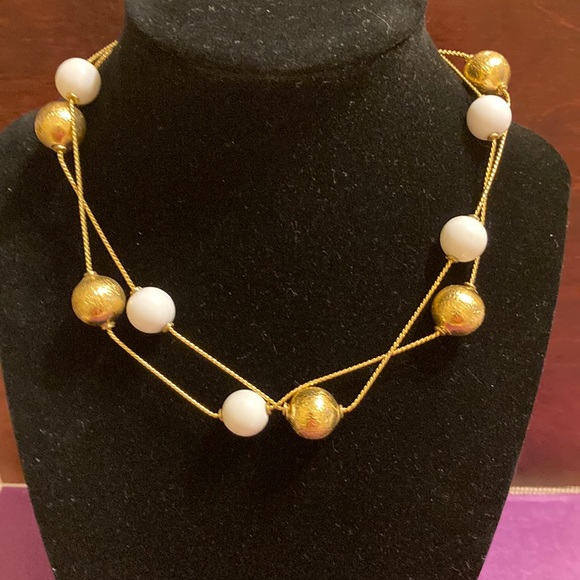 Talbots Bright Gold Tone And White Beaded Necklace